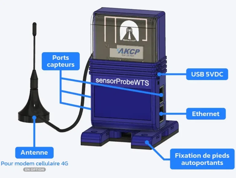 USB 5VDC, Ports capteurs, Ethernet, Fixation de pieds autoportants, Antenne pour modem cellulaire 4G | sensorProbe+ Wireless Tunnel™ Server (SP-WTS) | LoRa LoRaWAN | AKCP